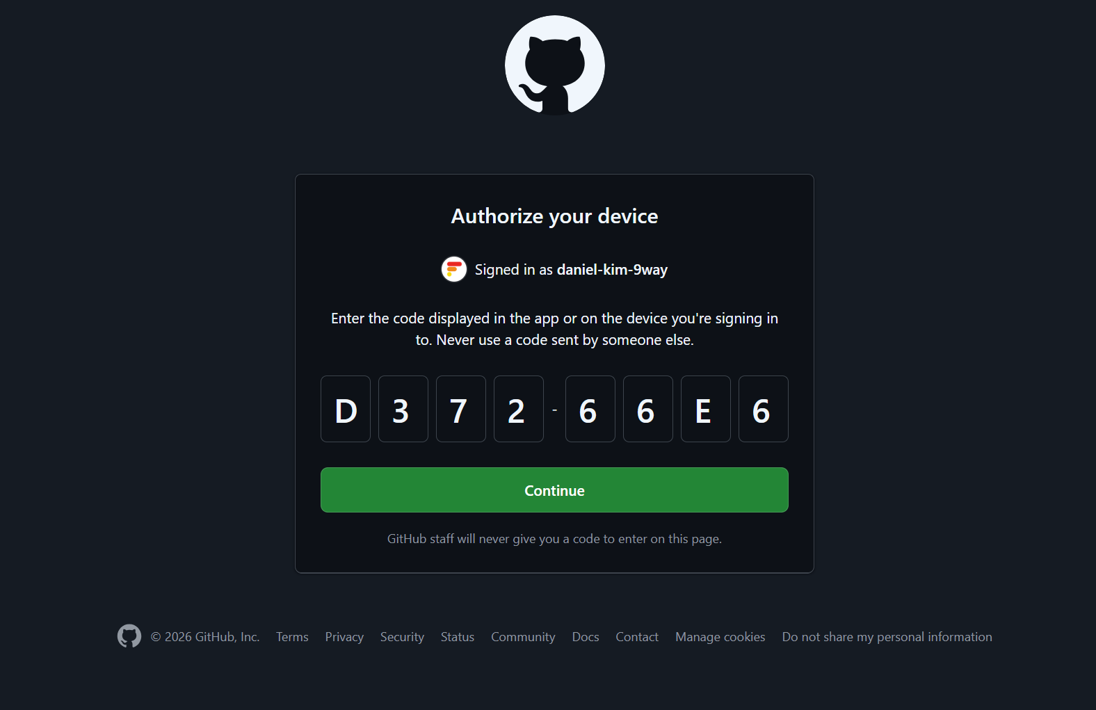 📷 캡쳐 — GitHub "Authorize your device" 화면. 8자리 코드를 넣고 Continue.