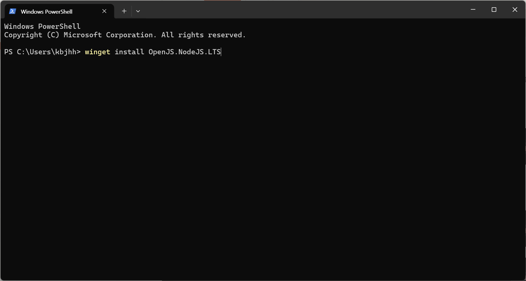 📷 캡쳐 — 터미널에 <code>winget install OpenJS.NodeJS.LTS</code> 를 붙여넣은 화면.