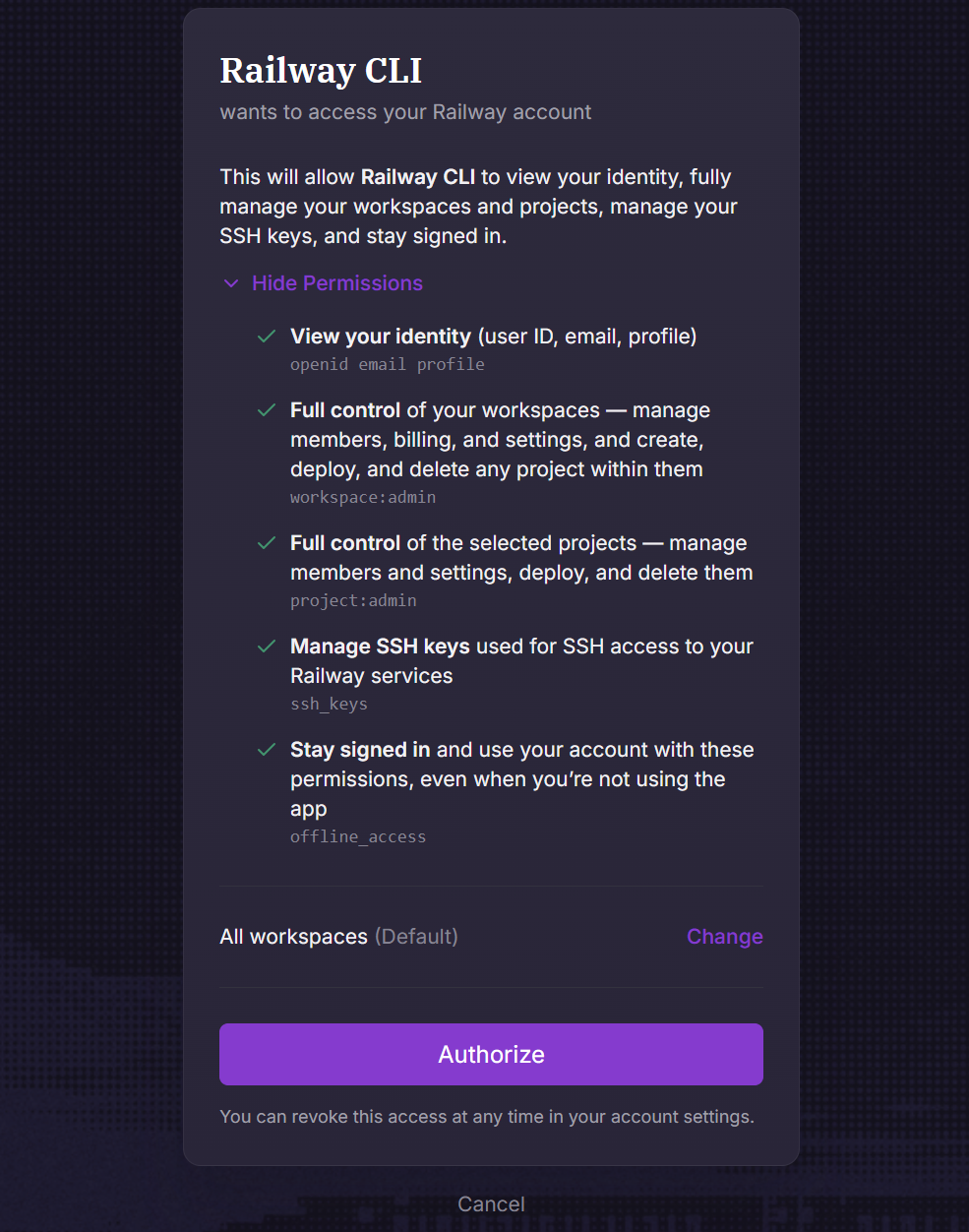 📷 캡쳐 — 브라우저에 뜬 "Railway CLI wants to access your Railway account" 승인 화면.