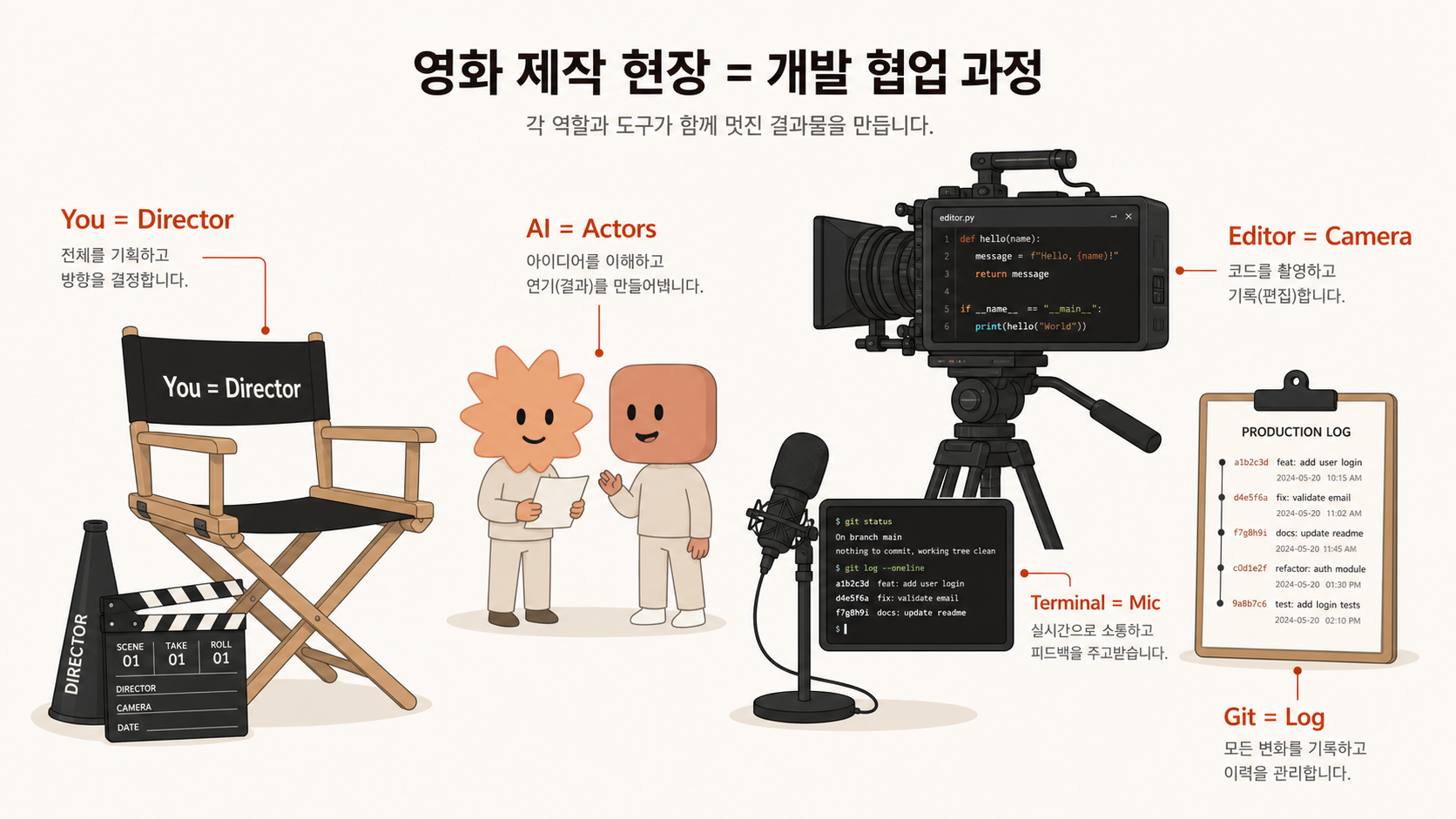 🎨 생성 (Codex CLI) — 영화 촬영장 일러스트. 감독(본인) + 배우(AI) + 카메라(에디터) + 마이크(터미널) + 촬영 일지(git). 도구별 라벨.