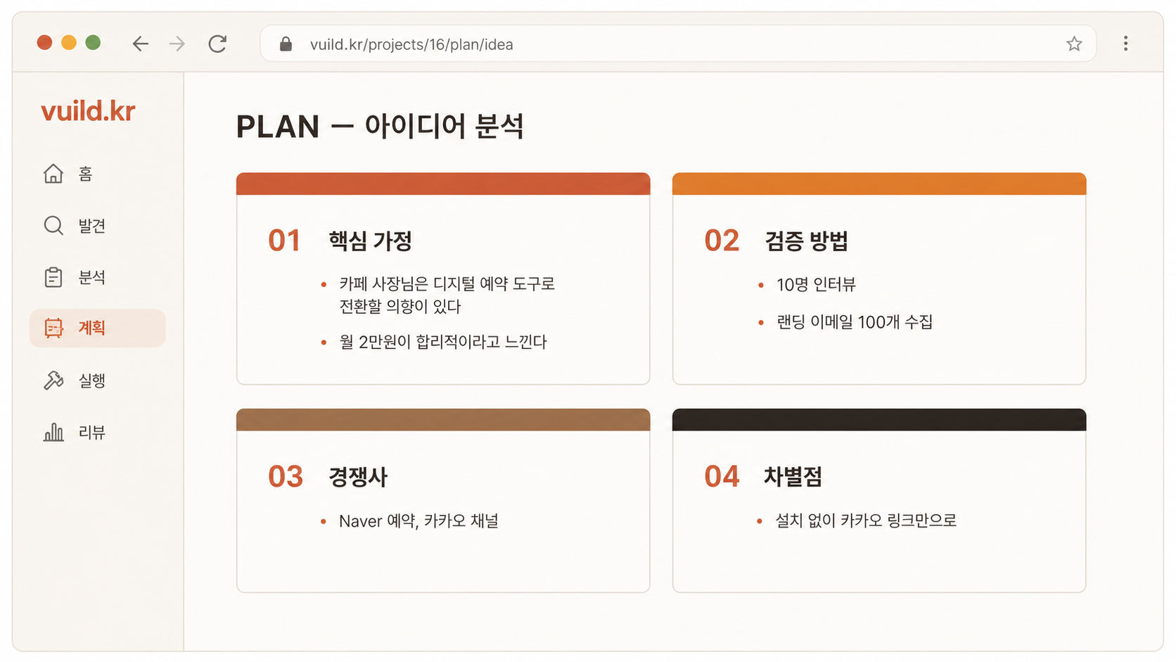 📷 캡쳐 — 분석 결과 4개 카드(시장성/차별화/기술 난이도/위험) 풀화면.