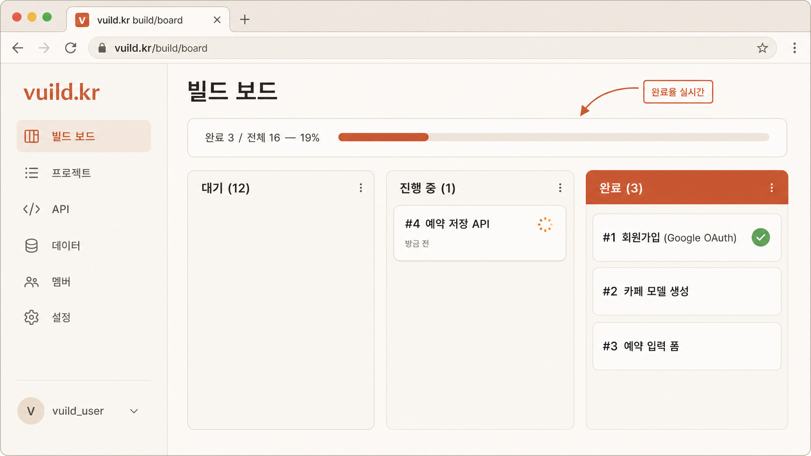 📷 캡쳐 — vuild.kr 보드: 티켓 카드가 backlog → in_progress로 이동 + 진행률 바 + 활동 로그.