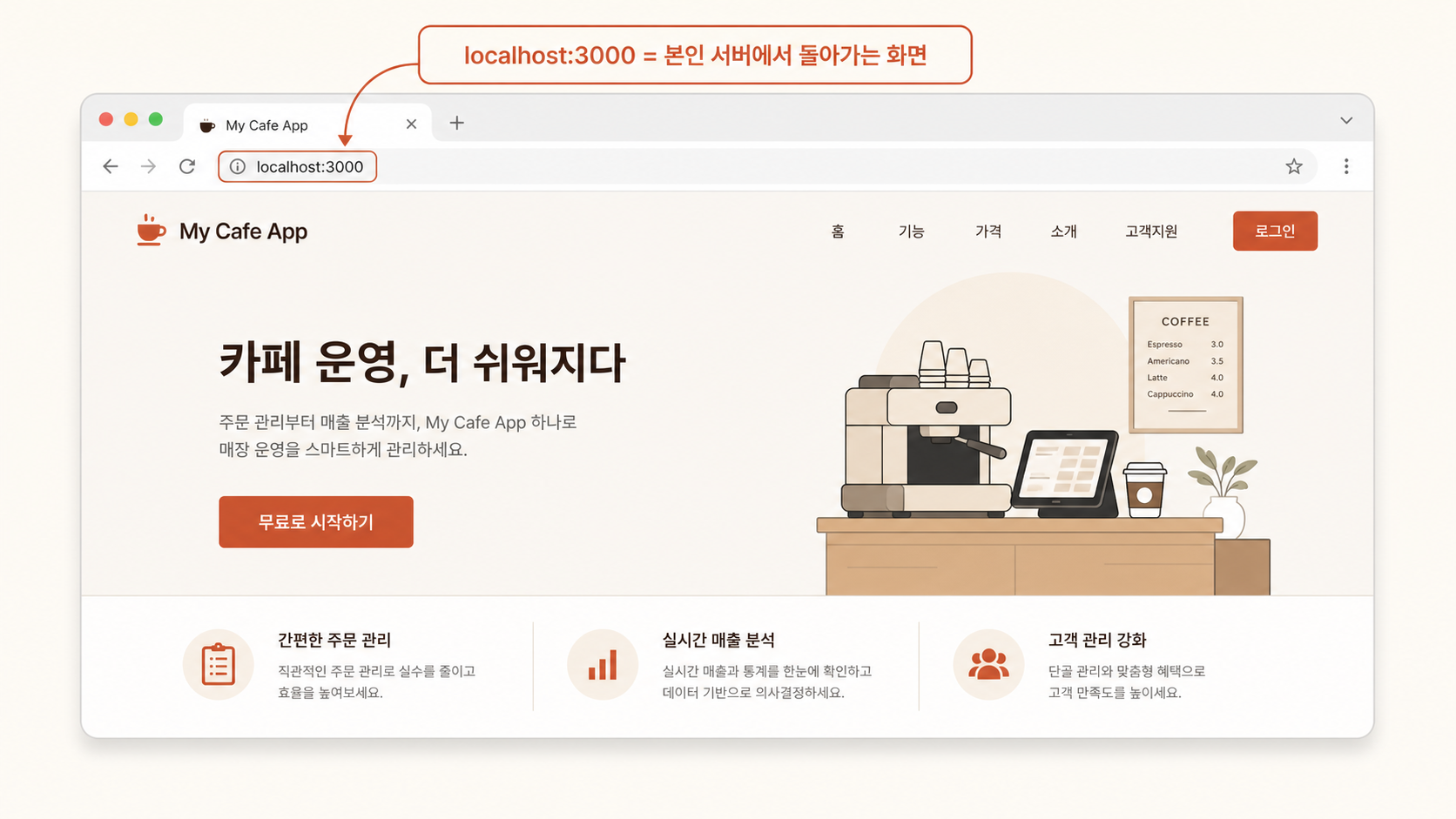 📷 캡쳐 — 브라우저에 localhost:3000으로 본인 서비스 메인 페이지가 뜬 화면.