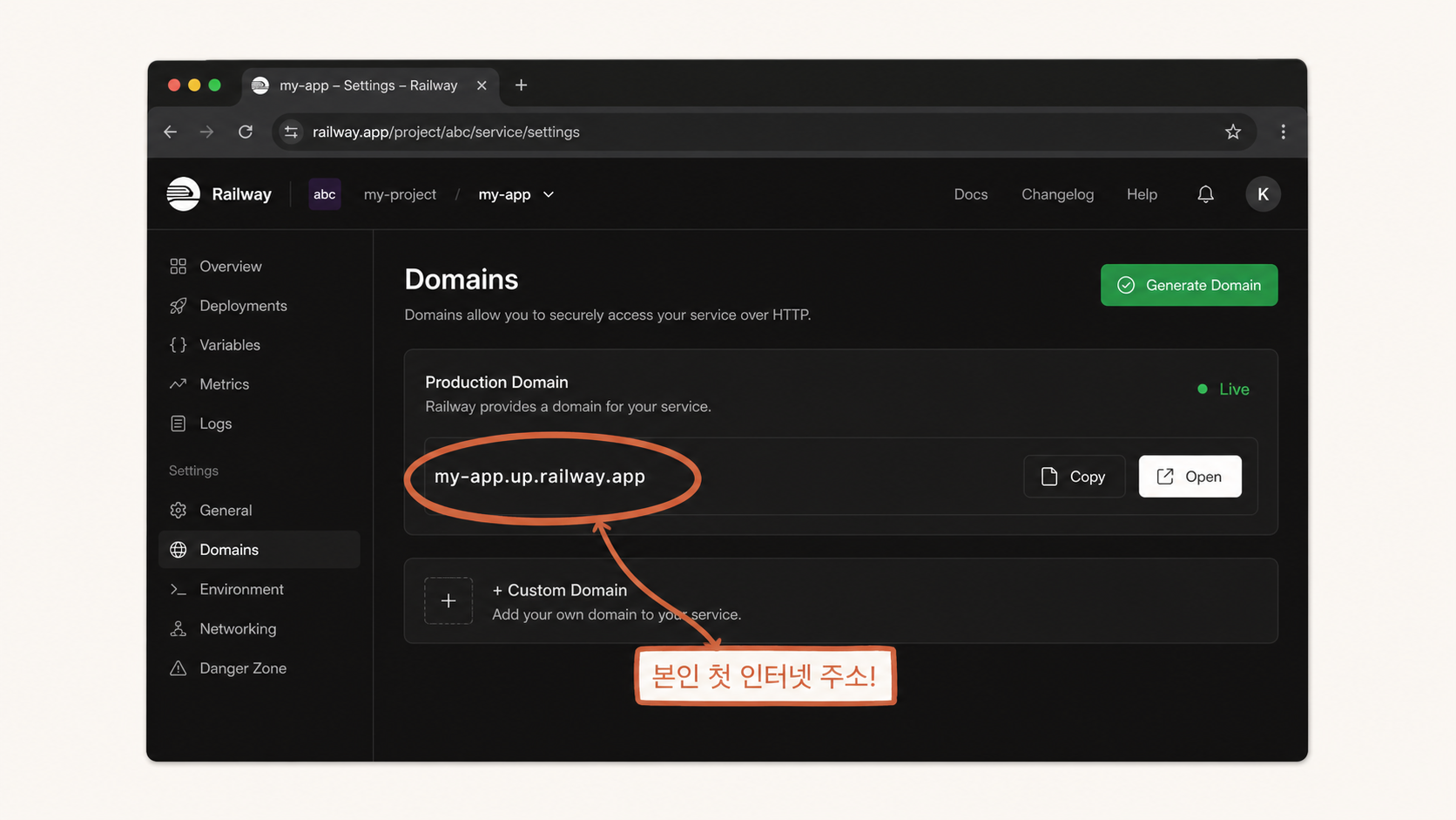 📷 캡쳐 — Railway Settings → Domains → "Generate Domain" 클릭 후 발급된 my-app.up.railway.app URL 강조.