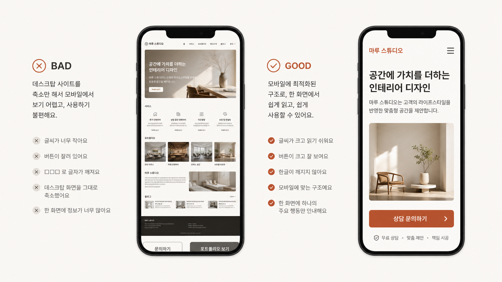 🎨 생성 (Codex CLI) — 스마트폰 mockup 2장 비교. 좌(레이아웃 깨짐 BAD: 글자 깨알, 버튼 짤림) vs 우(정상 GOOD: 큰 글자, 큰 버튼, 한 화면에 핵심 1개).