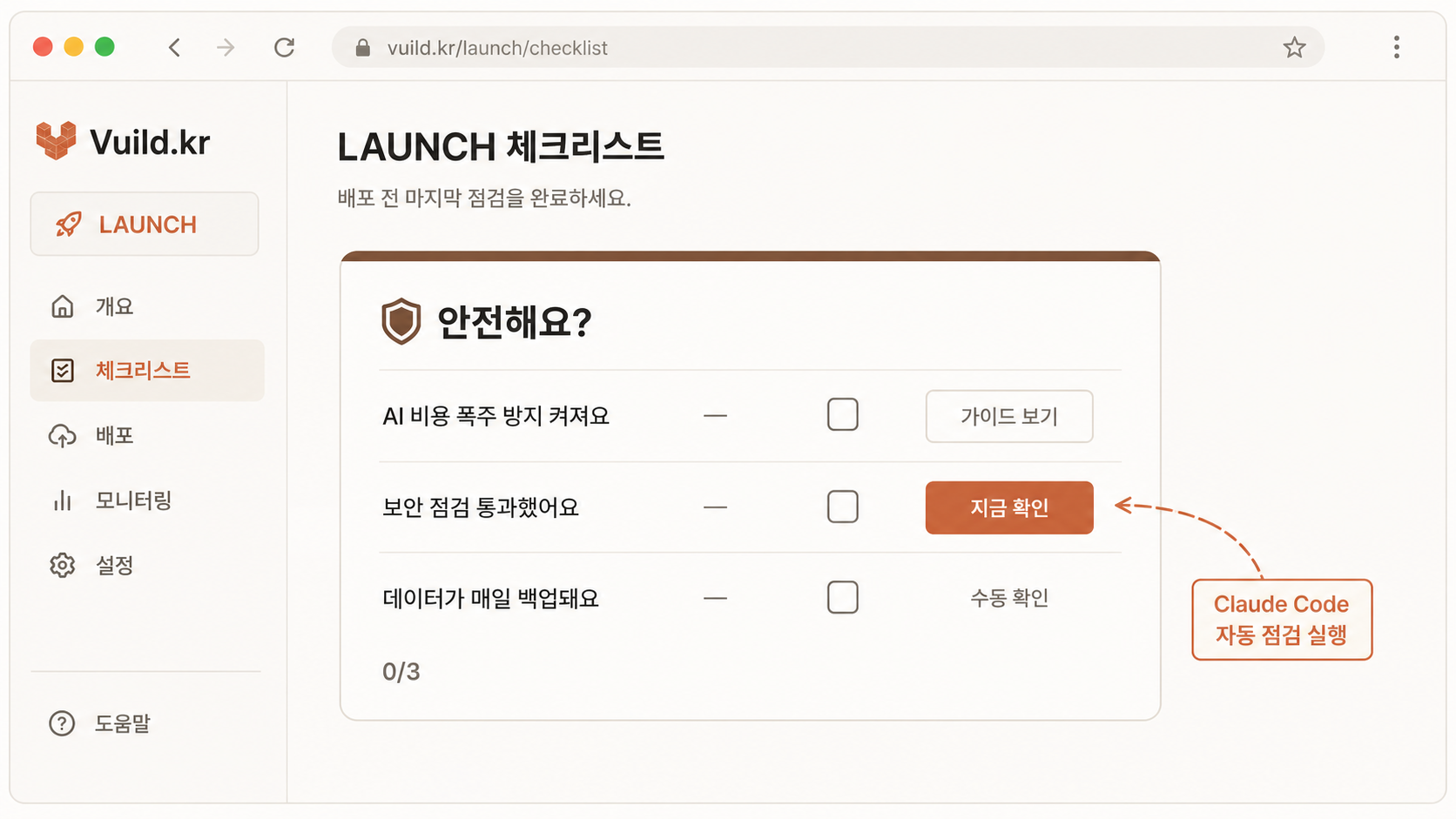 📷 캡쳐 — vuild.kr launch/checklist의 🛡 "안전해요?" 영역 클로즈업. 3개 항목(AI 비용/보안 점검/DB 백업) + 토글 강조.