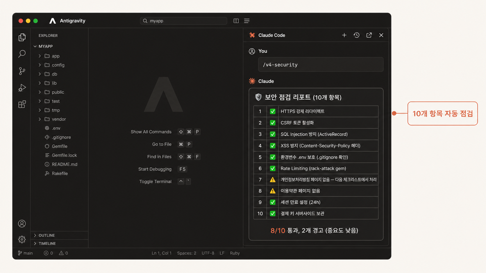📷 캡쳐 — Claude Code 터미널 화면. <code>/v4-security</code> 실행 후 10항목 리포트가 ✅⚠️❌ 표시로 출력된 화면.