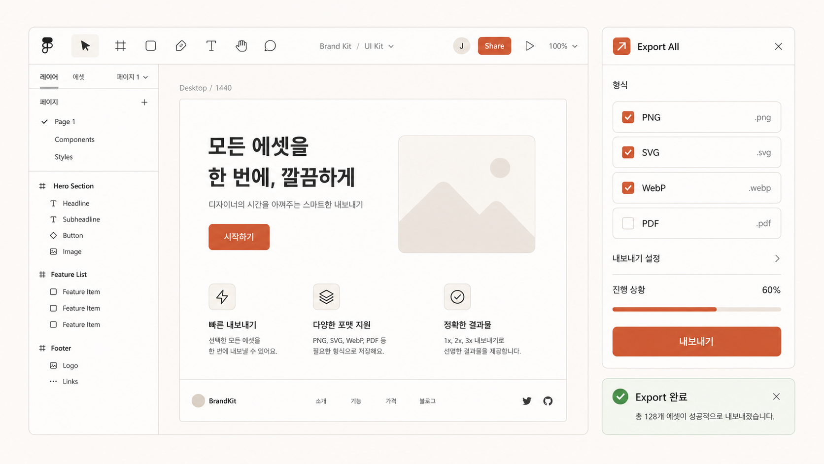 🎨 생성 (Codex CLI) — Figma 플러그인 패널 mockup. 좌측 Figma 캔버스 + 우측 패널에 "Export All" 버튼 + 진행 바.