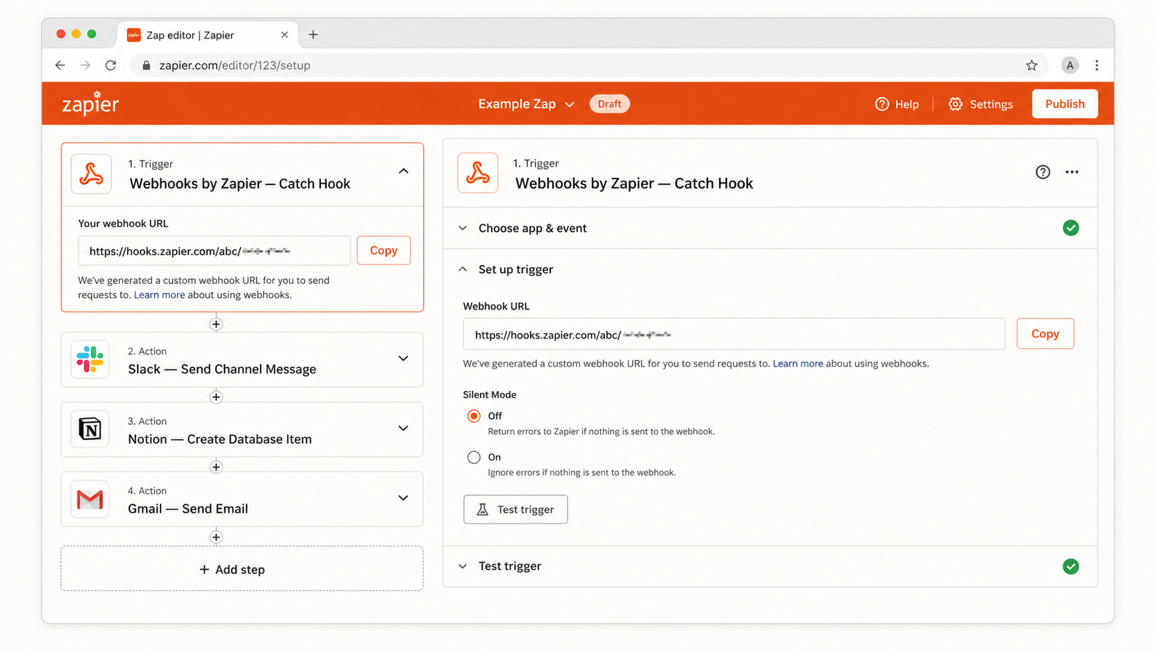 📷 캡쳐 — Zapier "Zap" 편집 화면. Trigger(Webhook) + Action 3개(Slack/Notion/Gmail) 가로 배치.