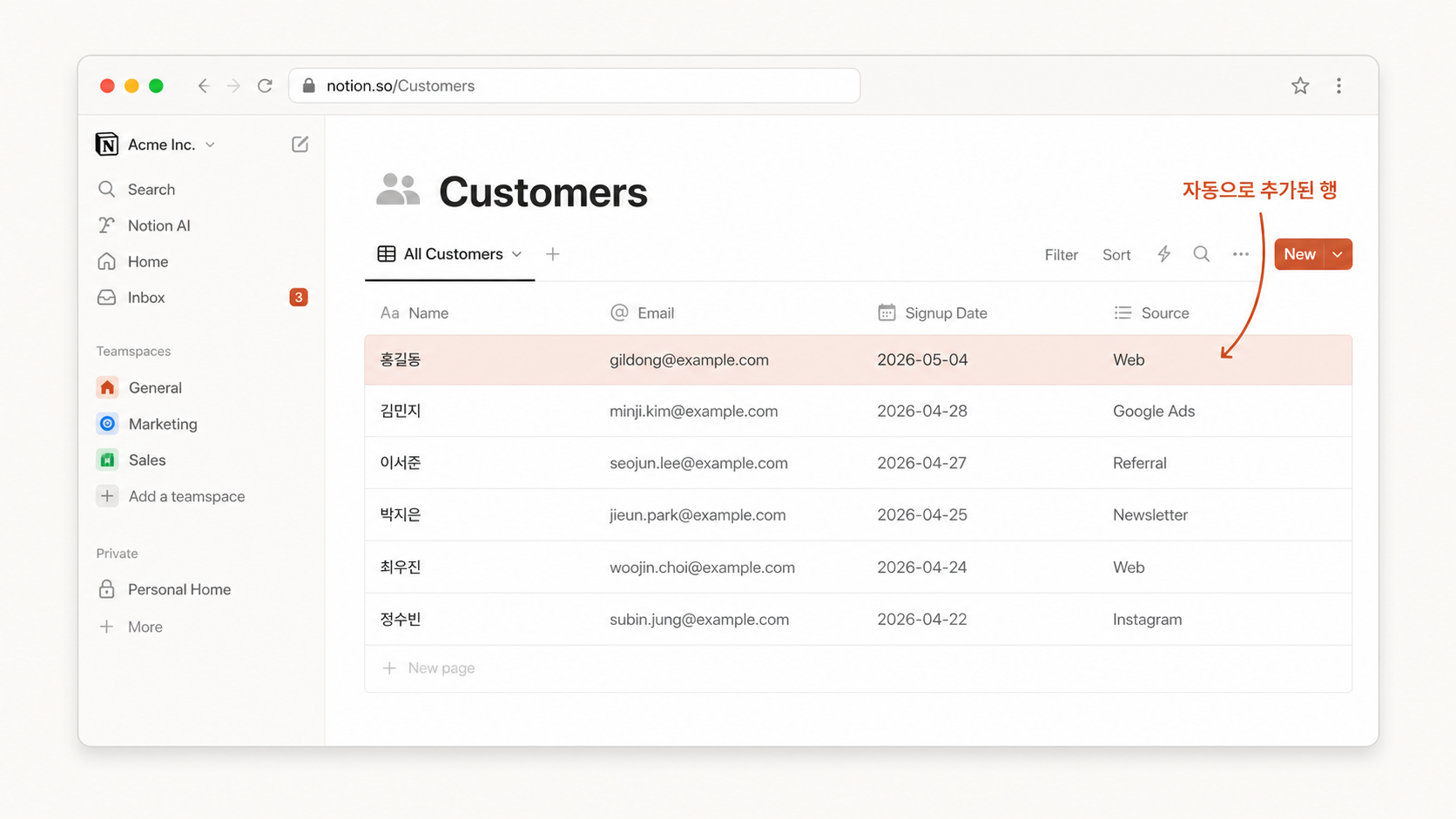 📷 캡쳐 — Notion DB "Customers" 표에 새 행이 자동으로 추가된 화면 (Name/Email/SignupDate 채워짐).