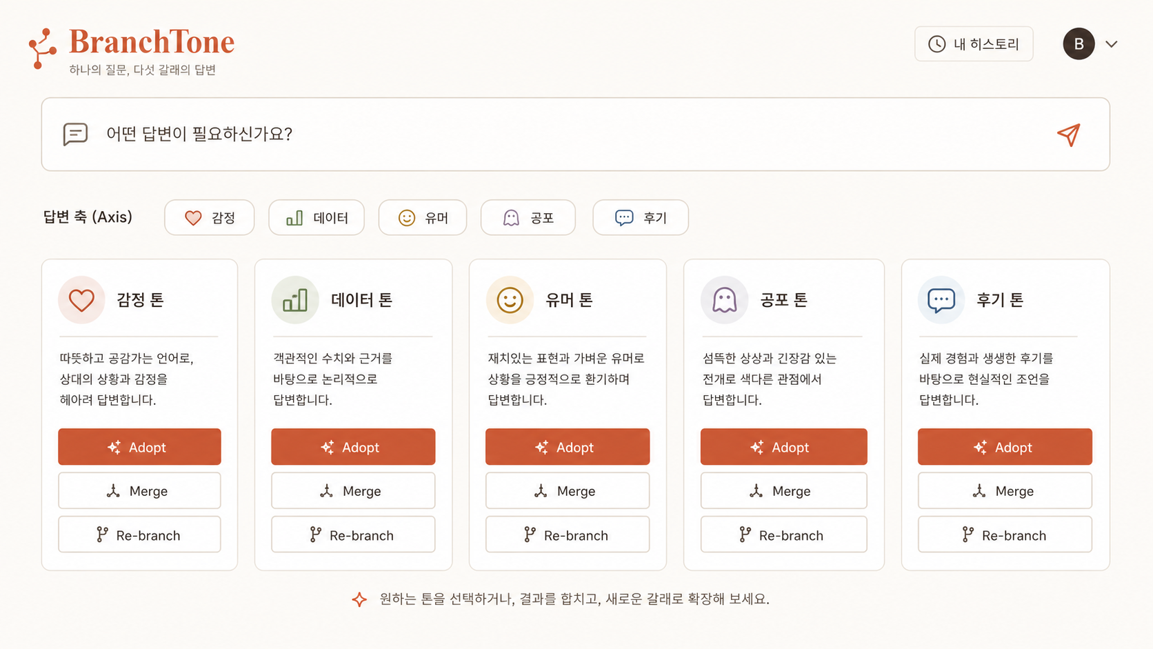 🎨 생성 (Codex CLI) — OpenClaw 화면 mockup. 카피 5종이 가로로 카드 형태로 나란히 + 각 카드에 "채택/병합/재분기" 버튼.